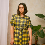 Rosa Puff Sleeve Shirtdress in Yellow Check Lyocell/ Cotton