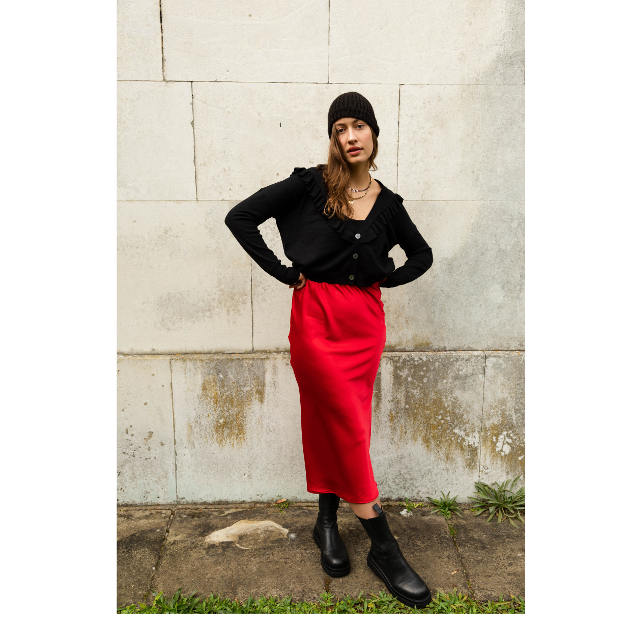 The Ridley red satin slip skirt is an elegant bias cut midi length skirt in satin.   With a hidden elastic inside the waist band the skirt is easy to pull on, comfortable to wear and will become a well loved wardrobe staple, adored for the incredibly flattering fit. 
