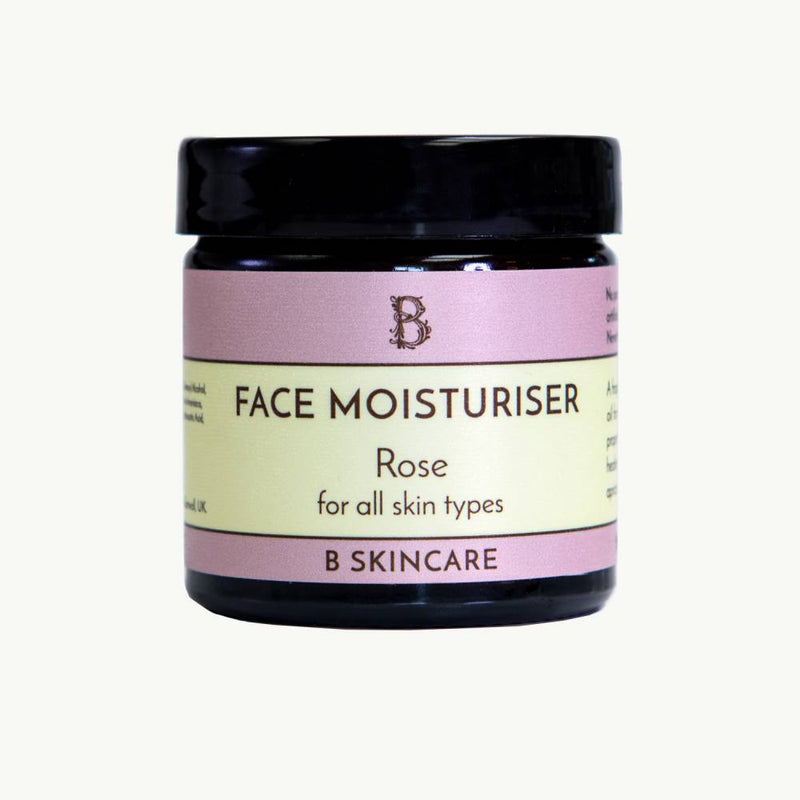 Rose Face Moisturiser by B Skincare. A fragrant moisturiser with anti-ageing and healing properties containing rose essential oil, PH balancing rosewater, healing Cornish honey and moisturising apricot oil. Perfect for every-day use, rose oil is anti-inflammatory agent and tissue regenerator loaded with therapeutic benefits for the skin. It can help to reduce redness and calms the skin. 60ml.
