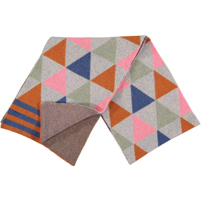 100% merino lambswool scarf in stylish, reversible, triangle design with soft grey, green, pink and blue colour palette. Knitted in a Scottish mill, then gently felted to create a naturally insulating and durable fabric.