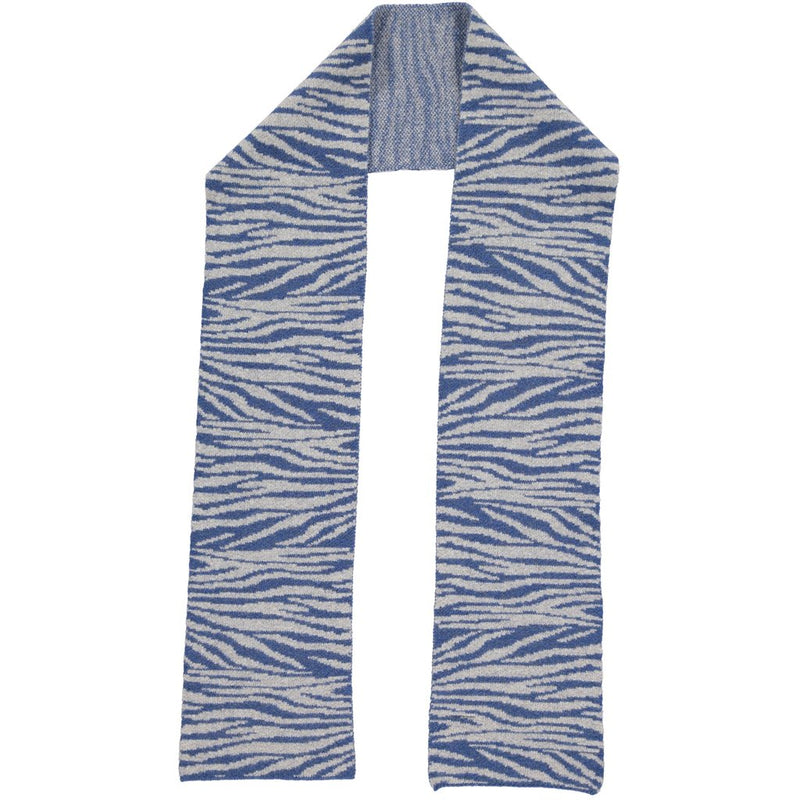 100% merino lambswool scarf in stylish light grey & midnight blue zebra print design. Knitted in a Scottish mill, then gently felted to create a naturally insulating and durable fabric. Luxurious and cosy, with a super soft feel.