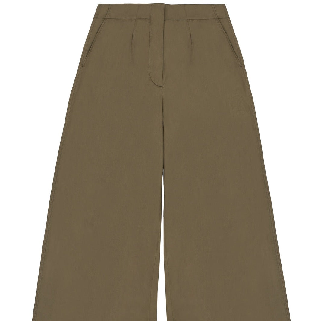 Amelia Wide Leg Culotte Trouser in Khaki Deadstock Cotton