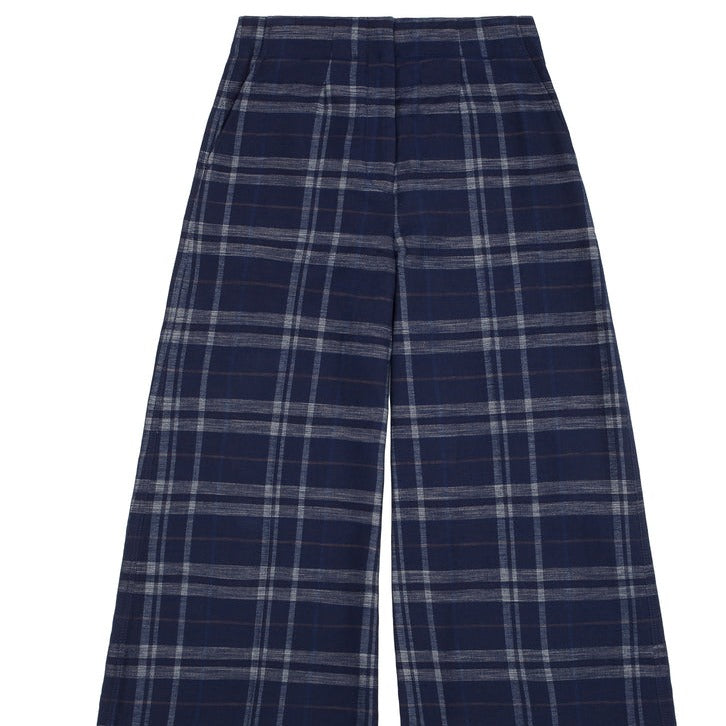 Amelia Wide Leg Culotte Trousers in Navy Check Deadstock Cotton
