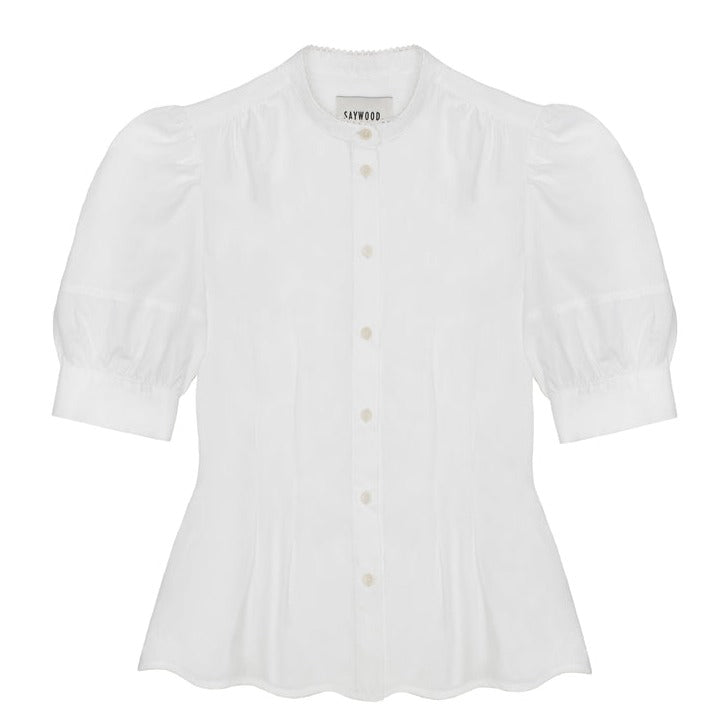 Joni Puff Sleeve Blouse in White Cotton Bamboo by Saywood
