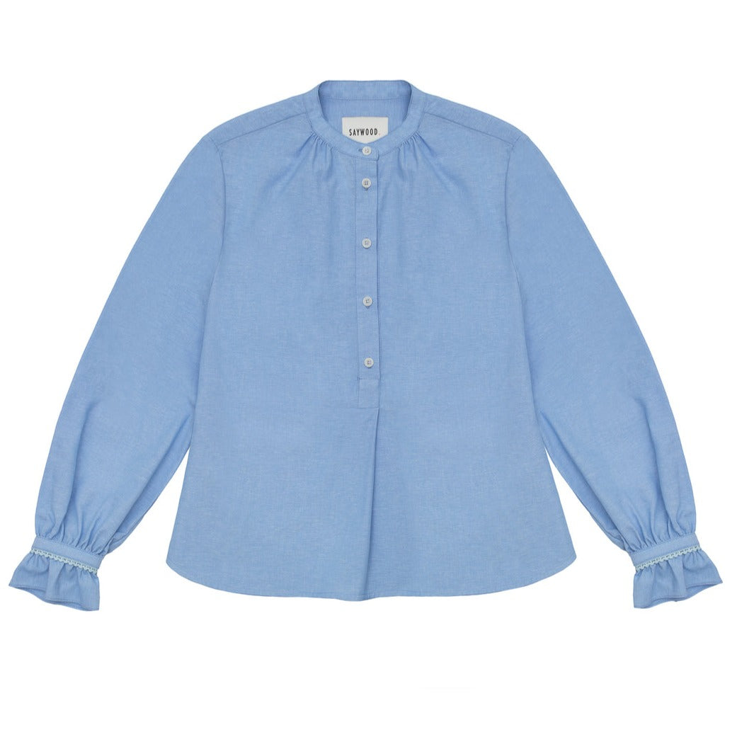 Marie Gather Neck A-Line Blouse in Blue Recycled Cotton
