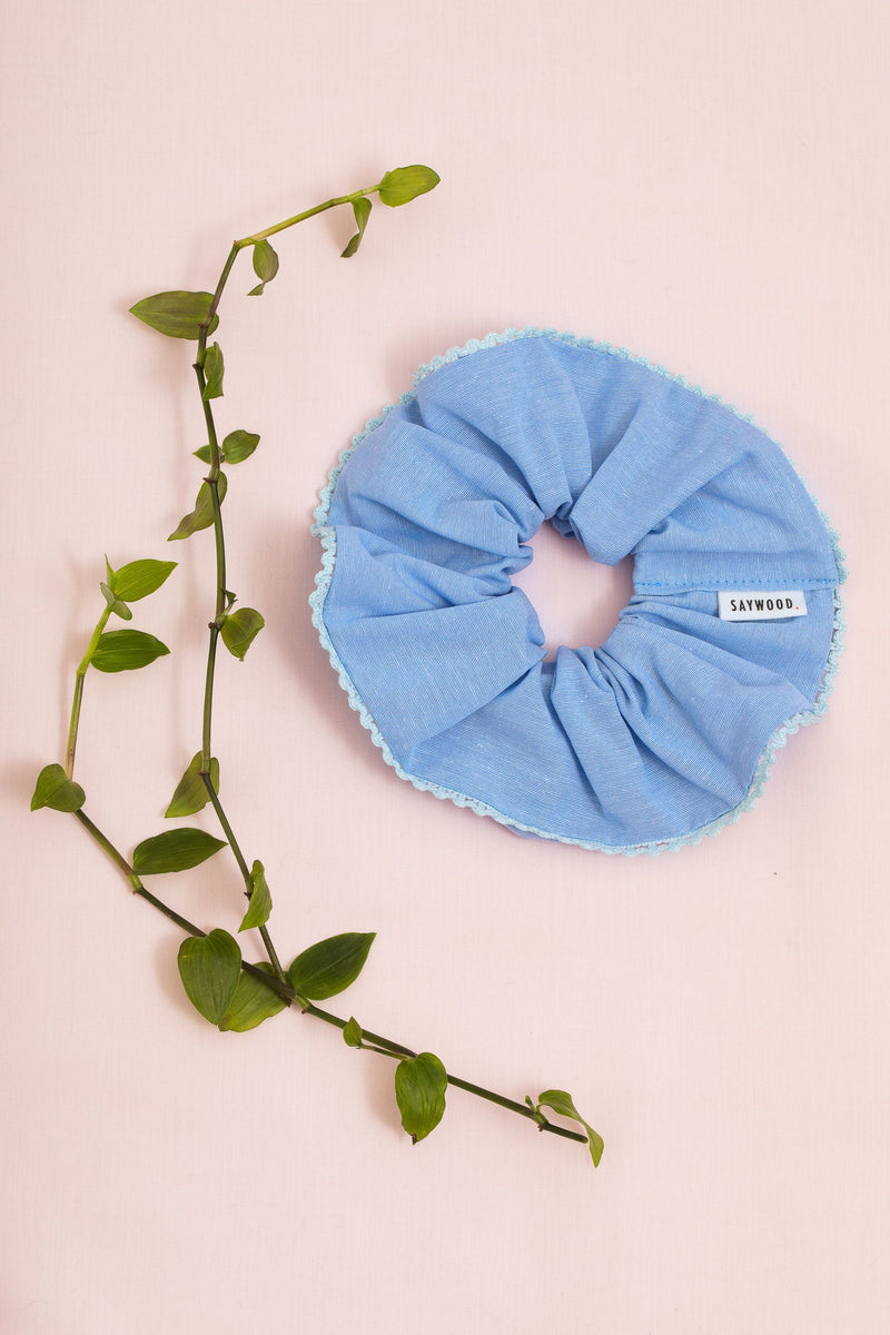 Scrunchie With Lace Trim, Zero Waste, Pale Blue Recycled Cotton