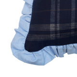 Navy check cushion with ruffle edge in pale blue, by Saywood