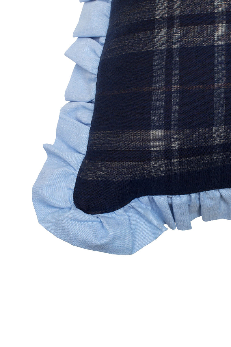 Navy check cushion with ruffle edge in pale blue, by Saywood