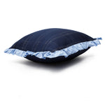 Navy check cushion with ruffle edge in pale blue, by Saywood