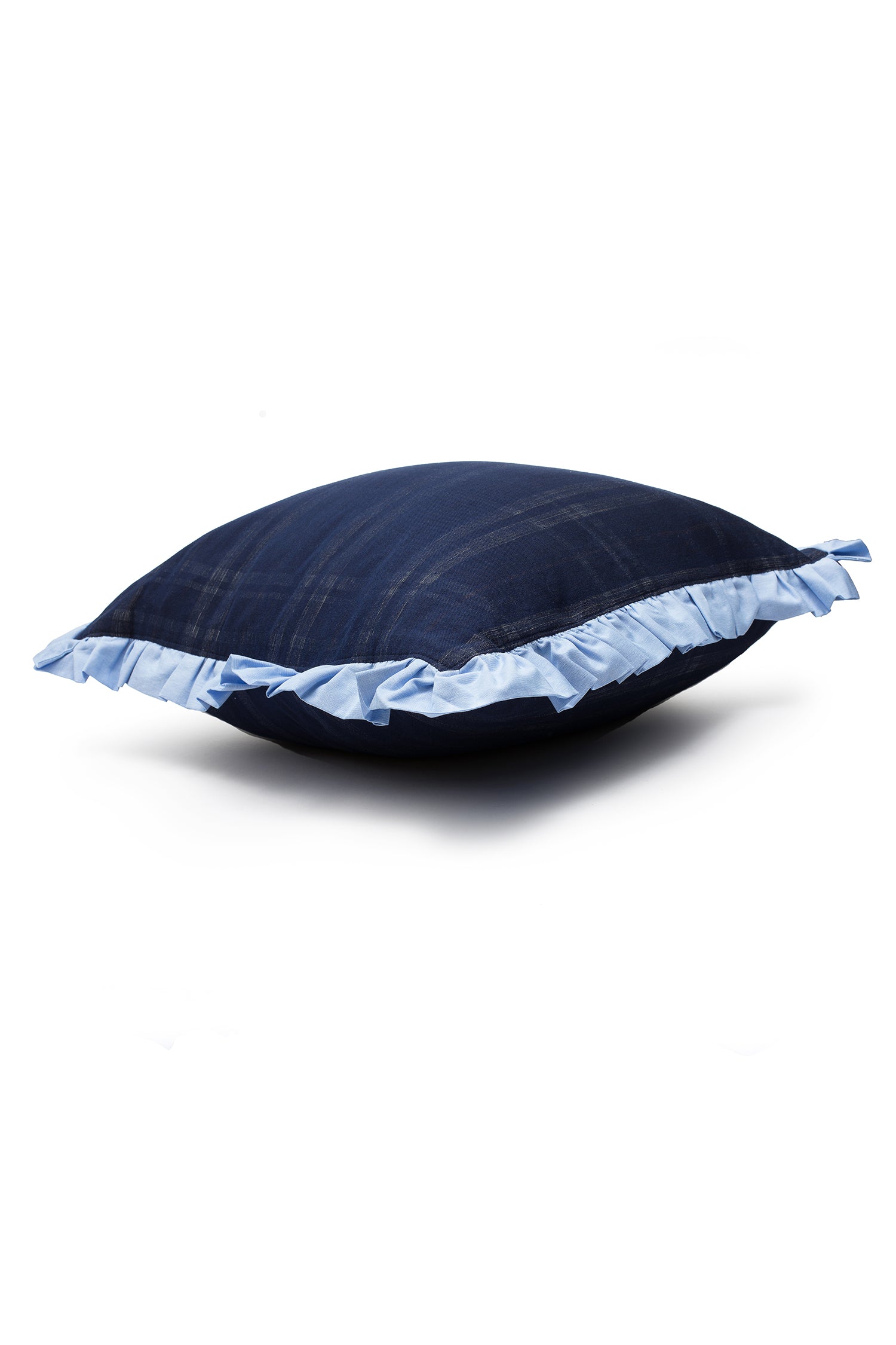 Navy check cushion with ruffle edge in pale blue, by Saywood