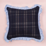 Navy check cushion with ruffle edge in pale blue, by Saywood