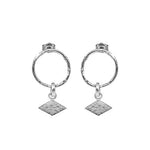 Textured shape earrings with a rhombus tag made out of recycled silver by April March Jewellery, sold by Percy Langley