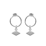 Textured shape earrings with a rhombus tag made out of recycled silver by April March Jewellery, sold by Percy Langley