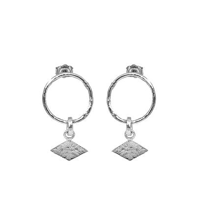 Textured shape earrings with a rhombus tag made out of recycled silver by April March Jewellery, sold by Percy Langley