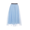 The Ambrey lilac and pale blue tulle skirt is a dreamy fairy tale like skirt that's surprisingly easy to wear and guaranteed to evoke joy in the wearer.   The tulle forms double layers on top of a cool cotton lining. The skirt is has an elastic waist band, making it very comfortable to wear.  Cut to fall below the knee with tulle side seems left open for extra swish.