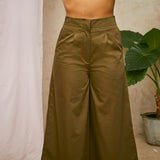 Amelia Wide Leg Culotte Trouser in Khaki Deadstock Cotton