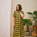 Rosa Puff Sleeve Shirtdress in Yellow Check Lyocell/ Cotton