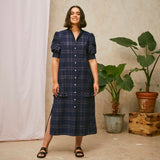 Rosa Puff Sleeve Shirtdress in Navy Check Deadstock Cotton