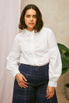 Edi Volume Sleeve Shirt in White Cotton Bamboo by Saywood