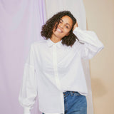Edi Volume Sleeve Shirt in White Cotton Bamboo