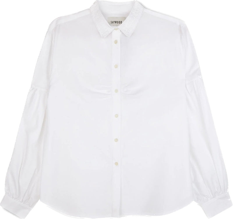 Edi Volume Sleeve Shirt in White Cotton Bamboo by Saywood