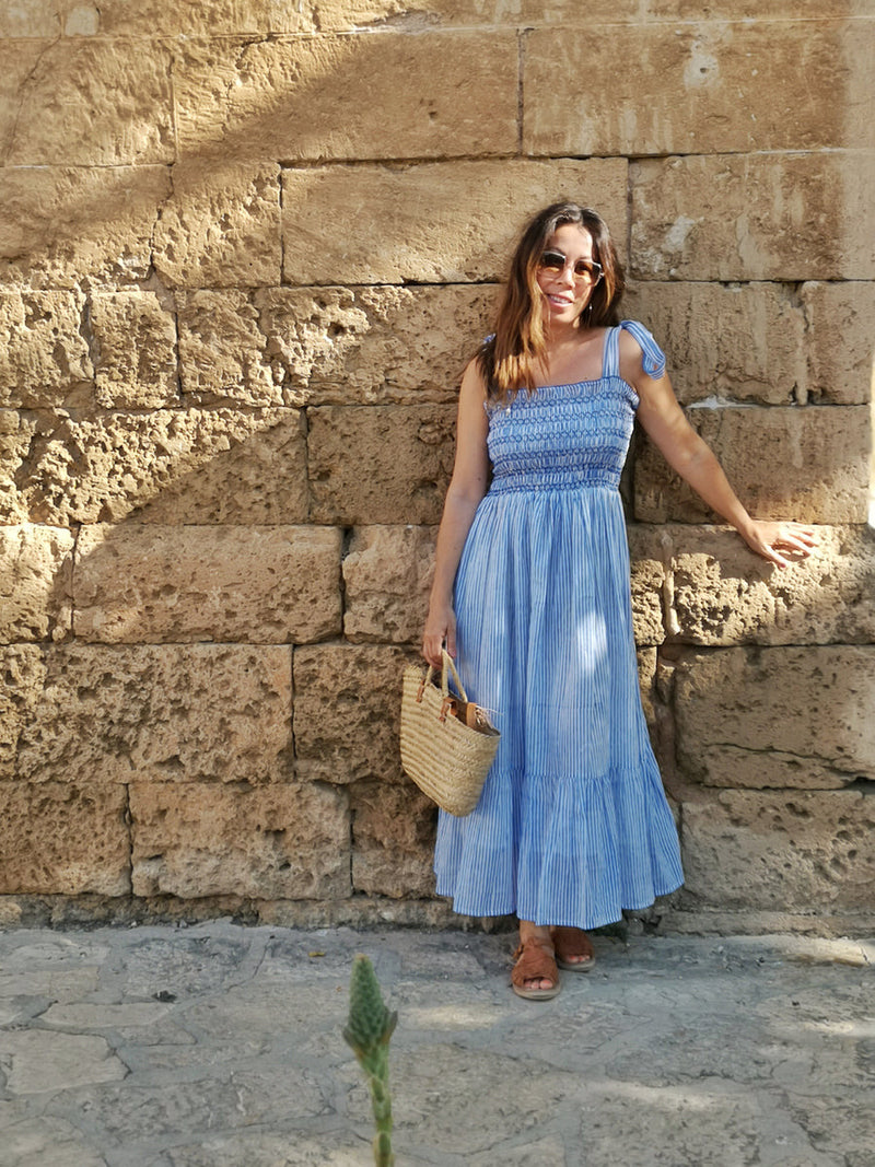 Yasmin Striped Smocked Sundress in Blue by Dilli Grey
