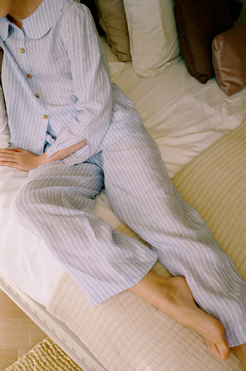 Maya Linen Trousers - Baby Blue Stripe