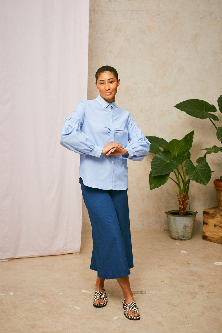 Edi Volume Sleeve Shirt in Pale Blue Recycled Cotton by Saywood