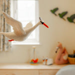Odette the swan is the a graceful and beautiful hand-felted swan mobile for baby's nursery or children's bedroom.  Adorned with a regal powder pink crown with tiny golden bells; her delicate feathers are also tipped with pink. Entirely made by hand with fine details to her face and delicate appliqué feathers bring the gorgeous Odette to life! Approx Length 38cm x Width (wing to wing) 41cm, hangs 46cm from fixing ring to base of bird.