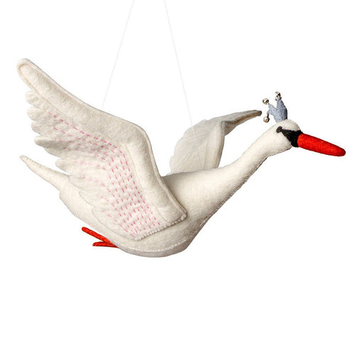 Odette the swan is the a graceful and beautiful hand-felted swan mobile for baby's nursery or children's bedroom.  Adorned with a regal powder pink crown with tiny golden bells; her delicate feathers are also tipped with pink. Entirely made by hand with fine details to her face and delicate appliqué feathers bring the gorgeous Odette to life! Approx Length 38cm x Width (wing to wing) 41cm, hangs 46cm from fixing ring to base of bird.